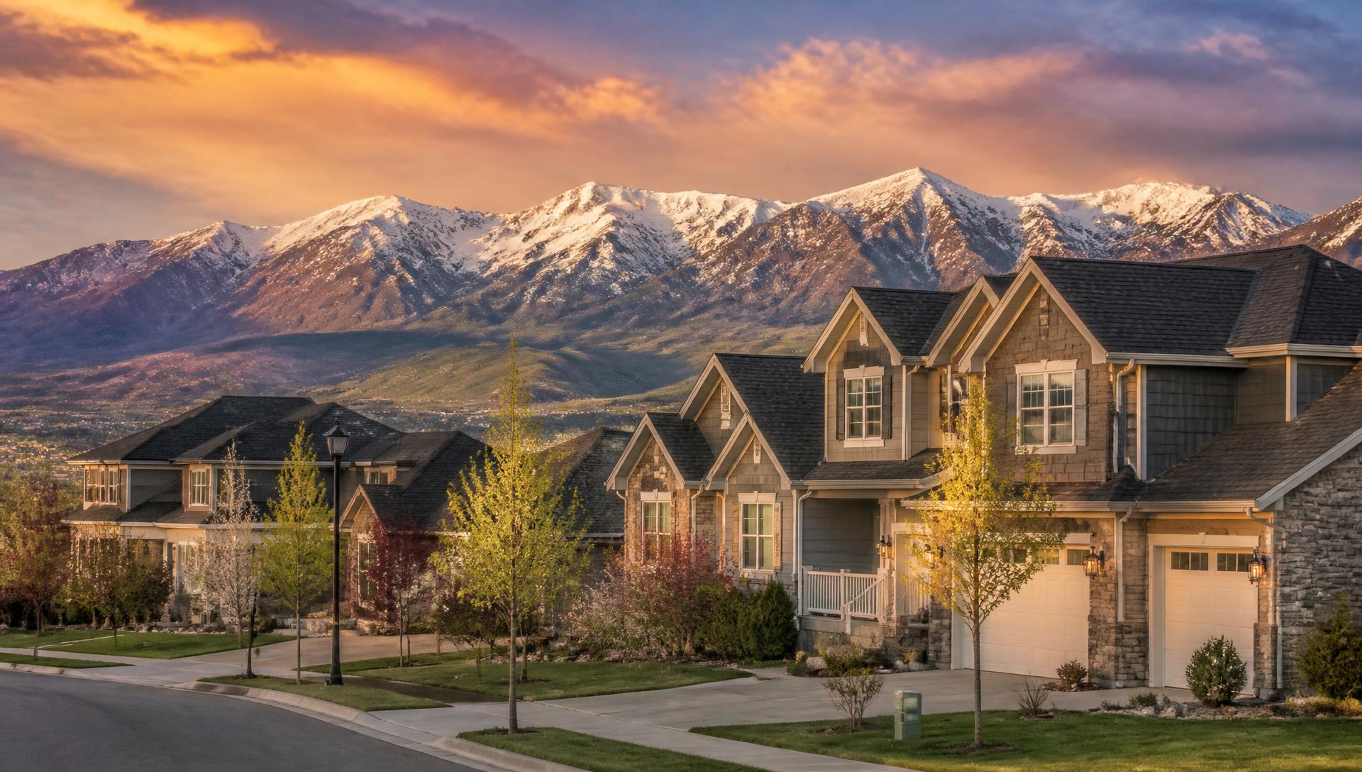 Homes in a Utah County neighborhood at sunset with the Wasatch mountains behind